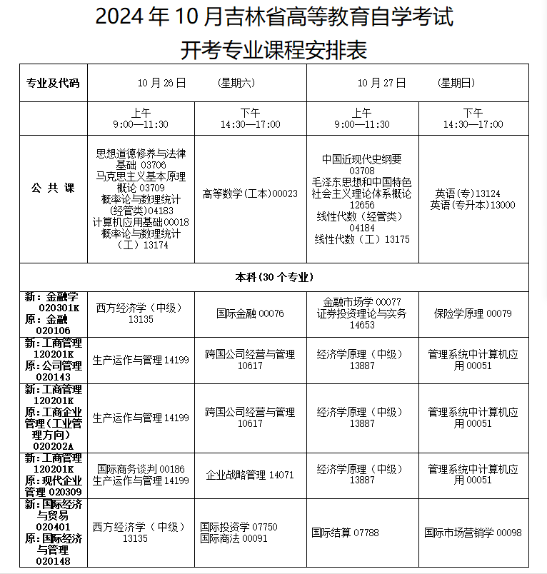2024年吉林10月自學(xué)考試時(shí)間及科目安排表
