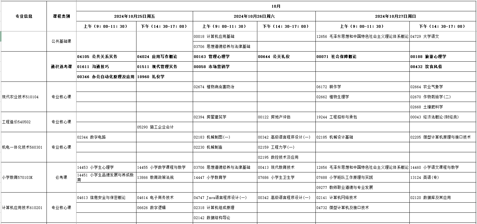 2024湖北10月自考科目考試時間安排表