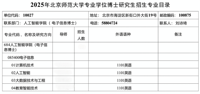 北京師范大學(xué)人工智能學(xué)院2025年電子信息專業(yè)學(xué)位博士研究生招生