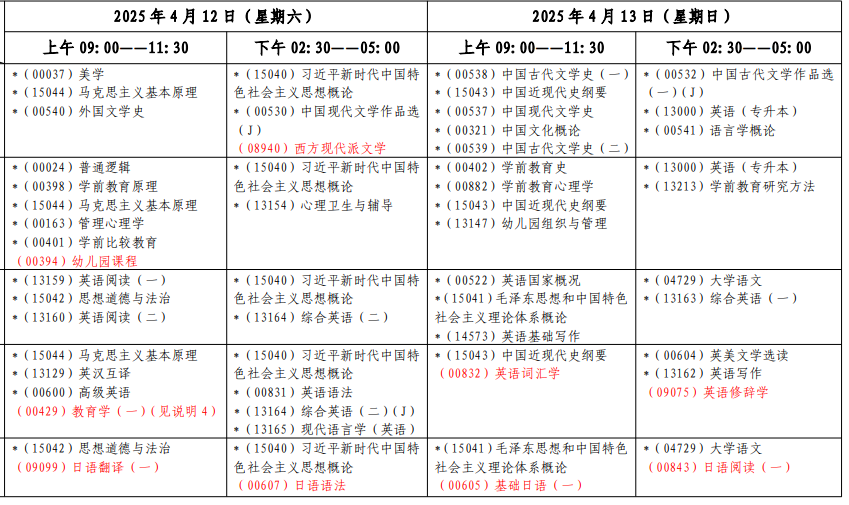 2025年上海4月自考考試時(shí)間及科目安排表