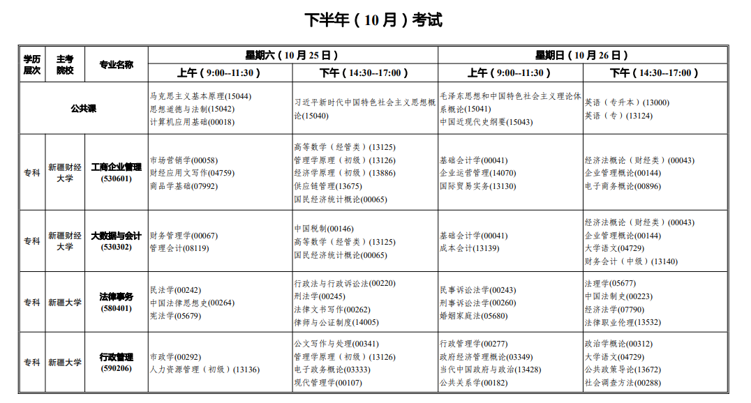 2025年新疆10月自考考試時(shí)間及科目安排一覽